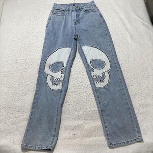 Gilipur Women's Small (26x29) High Rise Straight Leg Skull Jeans Light Blue